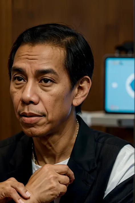 Indonesian president Mr Jokowi, is waiting for the minister in the meeting room, while scratching his head, pixar, disney