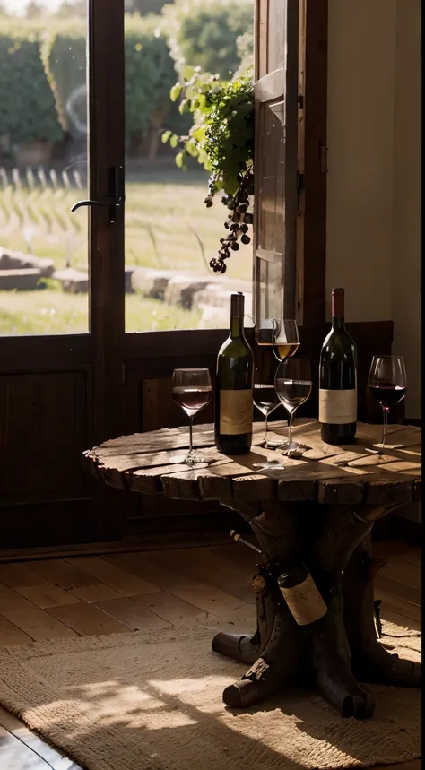 studio, Photography concept for black table, smokes, Old logs, Several bunches of grapes, Grape leaves, centered around a glass of wine，There were a few bottles of wine next to it, Light comes in from the left, Bright surroundings