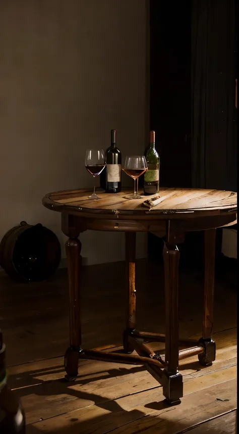 studio, Photography concept for black table, smokes, Old logs, Several bunches of grapes, Grape leaves, centered around a glass of wine，There were a few bottles of wine next to it, Light comes in from the left, Bright surroundings