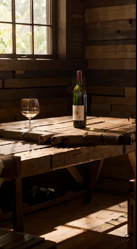 studio, Photography concept for black table, smokes, Old logs, Several bunches of grapes, Grape leaves, centered around a glass of wine，There were a few bottles of wine next to it, Light comes in from the left, Bright surroundings