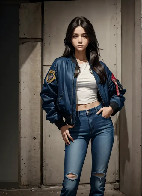 1girl, Beautiful woman, hand on hip, long hair, wearing bomber jacket and jeans, top quality, masterpiece, RAW color, (bloom:0.5), [sci-fi]