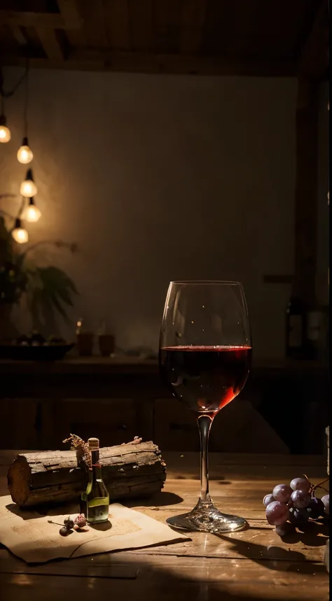 studio, Photography concept for black table, smokes, Old logs, Several bunches of grapes, Grape leaves, centered around a glass of wine，There were a few bottles of wine next to it, Light comes in from the left, Bright environment, Decorations to celebrate ...