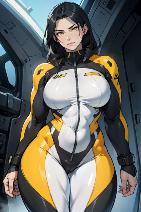 large breasts thin waist wide hips thick thighs muscular toned body curvy muscles thick pale skin black hair yellow eyes expressionless pilot suit