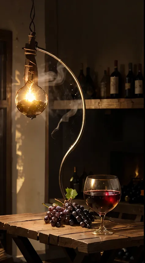 studio, Photography concept for black table, smokes, Old logs, Several bunches of grapes, Grape leaves, centered around a glass of wine，There were a few bottles of wine next to it, Light comes in from the left, Bright environment, Golden ball, silver ballo...