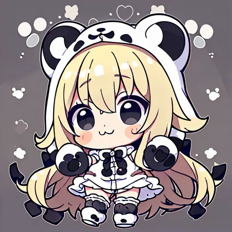 ((worst quality, low-quality)), ((a closeup)), (10years old girl), a blond, (Fluffy panda kigurumi pajamas:1.4), (Open pajamas:1.2), (Black and white pajamas:1.4), Animal Hoodie, (Hood Up:1.under the hoodie, Bear ears, oversized hoodie, (Wearing panda paw ...