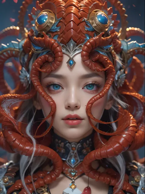 Female Alien, Beautiful face, seduces, red eyes, Full body like, A sexy, alien, No humans, an alien, cells are fused, Multiple hands, Lots of blue tentacle skin:1.5), extraterrestrial, cell, bio image, 魅惑的, Best Quality, 8K,,4K_quality, high_Definition,Dra...