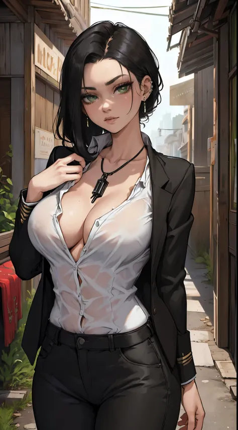 (masterpiece, best quality, highres, ultra-detailed), 1woman, long wave black hair, green eyes, handsome, detailed eyes and face...