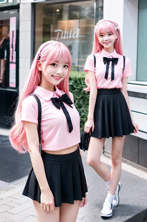 Standing Girl,A smile,Twin-tailed,Pink hair,Delighted,Black mini skirt,Pink blouse,20yr old,bow ribbon,Clothing Stores,Lolita clothes