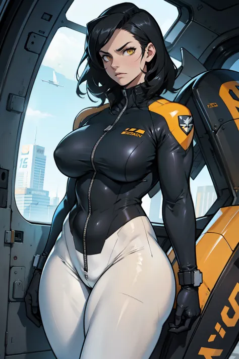 huge breasts thin waist wide hips thick thighs muscular toned body curvy muscles thick pale skin black hair yellow eyes expressionless sad pilot suit pilot suit pilot suit pilot suit pilot suit