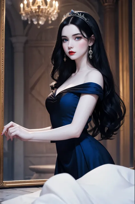 SNOW WHITE (( DISNEY )), VERY PALE WOMAN, VERY PALE SKIN, SHINING BLACK HAIR, HUGE LONG BLACK HAIR, ROSY CHEEKS, RED LIPS, ROYAL BLUE LONG DRESS, EMPTY IMPERIAL HALL, ATHLETIC BODY, MEDIEVAL PALACE, MAGIC MIRROR, FAIRY TAIL, ACCURATE IMAGE, MASTERPIECE