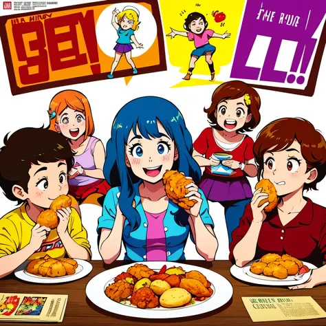 Colorido, Personagem infantil de quadrinhos dos anos 50, Feliz, crosslinks, vindima, fundo branco, comer frango, O estilo Archies. Very Feliz people.