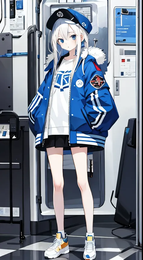 1girl, half blue half white hair, straight hair, clock, bomber, full body, numb