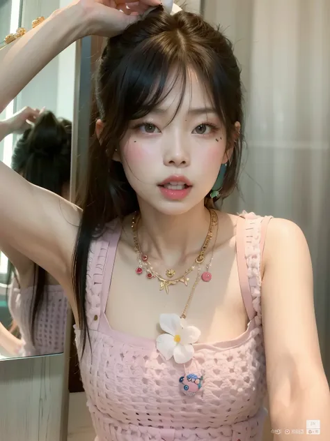 There is a woman standing in front of a mirror, ulzzang, Jennie Kim , 8k selfie photograph, Jennie Kim de Blackpink, Jinyoung Shin, Parque Roseanne de Blackpink, Wan adorable cara coreana, Jossi de Blackpink, Xision Wu, collar, portrait of Jossi de Blackpi...