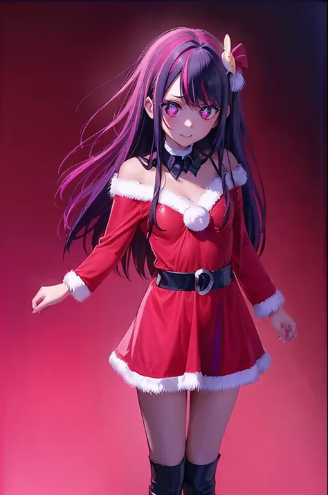 Hoshino Ai, long hair, purple hair, streaked hair ,purple eyes, star-shaped pupils, hair ornament,  sntdrs, red santa dress,
fur
belt