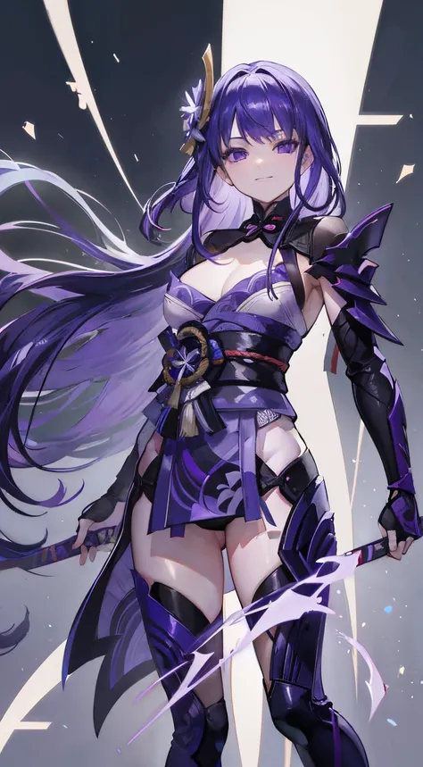 raiden shogun, purple hair, long hair, light smile, hold a polearm