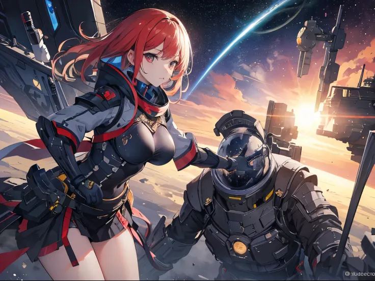 ((best quality)), ((masterpiece)), (detailed), perfect face, female with sexy V-Cut combat armor fights with other sexy girl in combat armor, battlecruiser, space, planets, sun, gas giants,