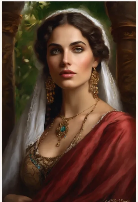 Best quality, masterpiece, ultra high resolution, baroque painting of a woman ((gypsy with a very beautiful round face)), delicate, slightly plump and perfect lips, ((gypsy of rare beauty, goddess of perfection, the most beautiful woman of the world)), lon...