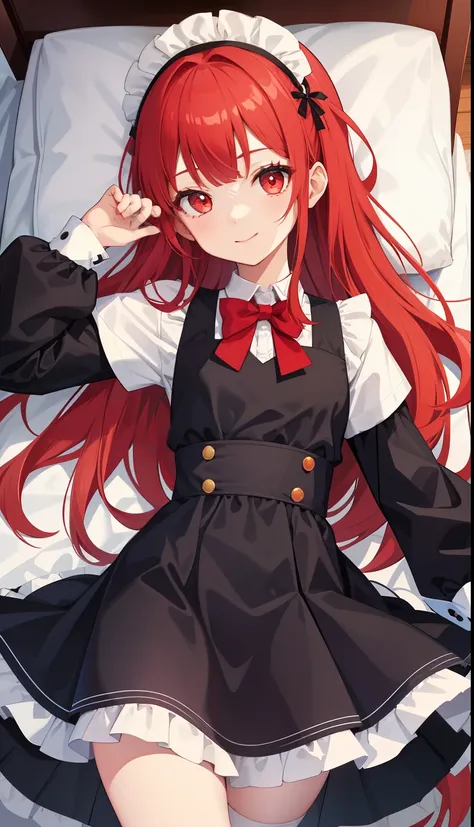 1girl in、As-、A smile、The shirt、Mini skirt、pantiy、（small tits）、doress、pinafore、Hair decoration、（Maid costume）、Walking with a thigh、Upper body portrait、 Red hair, Red Eyes, slanted eye, straight bangs、Are sleeping、a bed