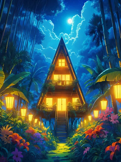 Draw an anime scene of triangular yellow cabin in tropical rainforest, night, wild flowers, vibrant saturate colors, lanterns, dense jungle, long leaves, ghostly, vibrant blue cloudy sky, beautiful color palette, masterpiece, detailed, neat