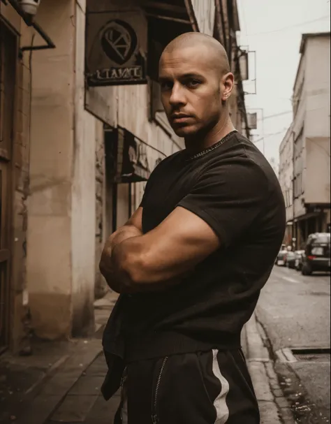 dramatic photoshoot, one man, skinhead, rough, street-rat, wornout  outfit, posing, instagram photoshoot, professional, full hd,...