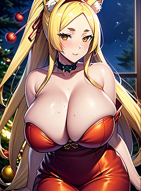 Masterpiece, best quality, 1 girl, solo, cat ears, orange eyes, hair ornament, ribbon, hairband, yellow eyes, very long hair, blonde hair, long hair, ((night))),  huge breasts, milf, mature woman,santa dress, santa costume, Christmas hat, front of the thre...