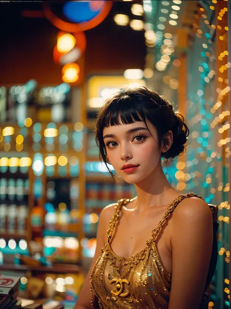 analogue fashion photo shot of young woman with short hair, in a 1950 cuban supermarket, ((neon lights red and blue lights)), (high fashion golden one piece in the style of Chanel:1.3), Audrey Hepburn style, super model, model poses, cowboy shot,  (little ...