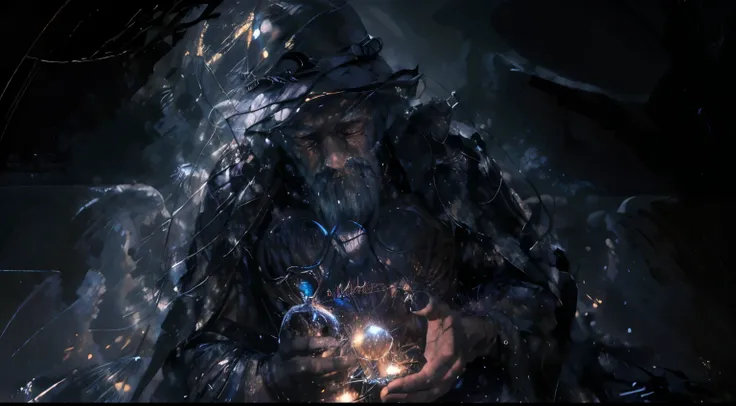 impressionism painting, realistic, 1boy, dad, old man, handsome man, summon magic, jellyfish, mystical, magical, glow, glowing, dark magical lighting, moody, cinematic, sparkle, glittering, darkness