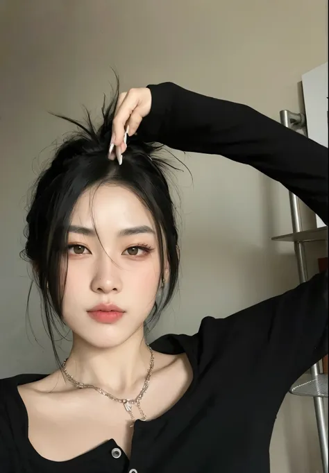 there is a woman with a black shirt and a necklace, asian features, cruel korean goth girl, dilraba dilmurat, menina coreana, Beautiful Asian girl, Xision Wu, Mulher sul-coreana bonita, com cabelo preto liso, linda mulher coreana jovem, Ulzzang, gorgeous c...