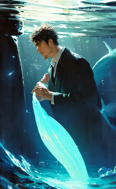 impressionism painting, realistic, 1boy, dilf, professor, jellyfish summon, magic, mystical, magical, glow, glowing, dark magical lighting, moody, cinematic, sparkle, glittering, darkness, handsome, whale