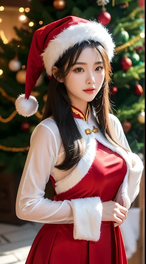 (Beautiful Vietnamese Woman)，(Red Ao Dai)，(Santa Claus hat)，Christmas tree，Christmas atmosphere black hair, Surrealism, 8k, super detail, UHD, masterpiece, ccurate, textured skin, super detail, high details, high quality, best quality