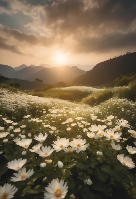 一片White flowers海，and the sun was shining brightly，There is a clearing in the middle of the sea of flowers，There is a clearing in the middle，There is a path in the center of the screen，The path leads to the distance，Near real and far virtual，White flowers，T...