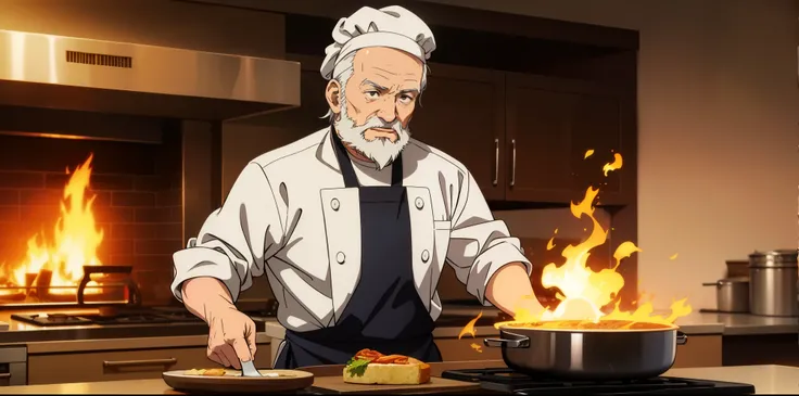 old man, chef, cooking, fire,white hair,beard