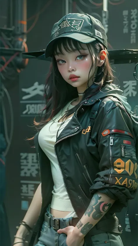 Beautiful woman medium hair, wearing cap, cyberpunk style short clothes, Jennie Kim,