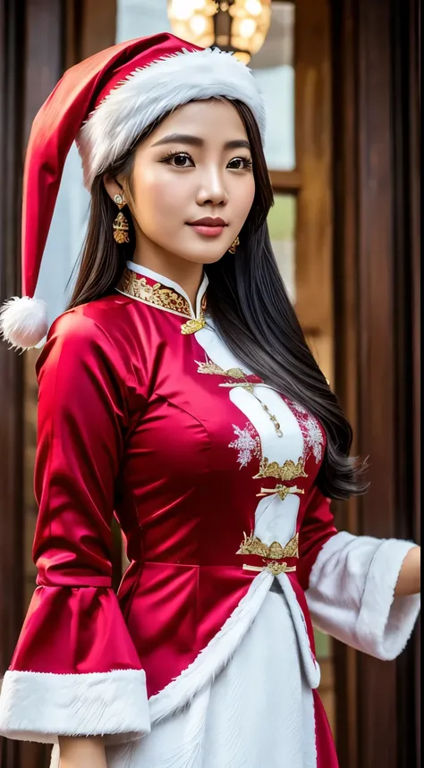 (Beautiful Vietnamese Woman)，(Red Ao Dai)，(Santa Claus hat)，Christmas tree，Christmas atmosphere black hair, Surrealism, 8k, super detail, UHD, masterpiece, ccurate, textured skin, super detail, high details, high quality, best quality