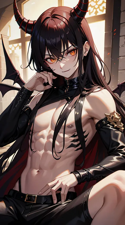 1 demon person, Black|Red hair, Long hair, Horns, Yellow eyes, Demon Wings, Tempting smile, they look like, topless male, muscular, leather belt, BDSM, Leather pants