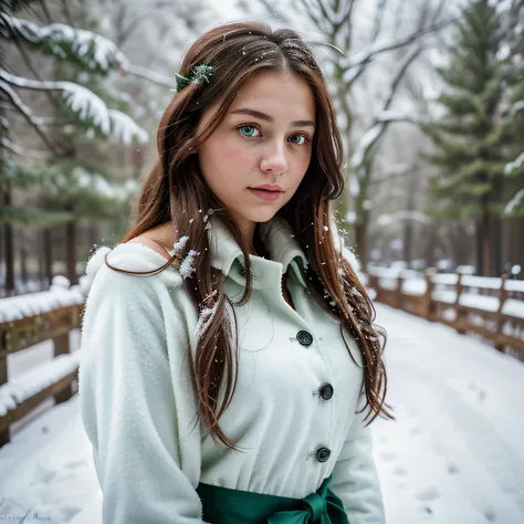 In the winter wonderland, the beautiful womans flowing brunette hair cascades down her shoulders, framing her face like a soft halo. Her captivating green eyes reflect the serene surroundings as she stands amidst snow-covered trees. Dressed in a stylish bo...