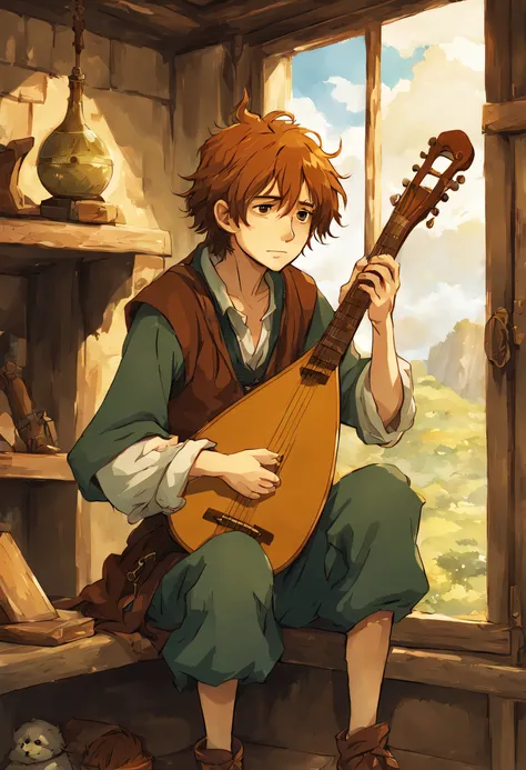 menino novo, Um bardo, triste, quase chorando, holds an old lute, Tears stream down her face, he is in a small house, the lute is old, appearance of Kvothe, O Nome do Vento, anime, 2D