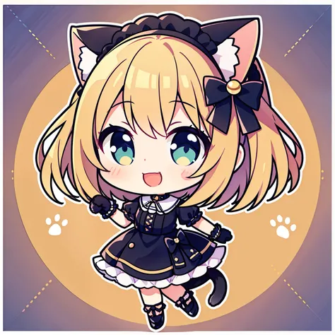 Girl, endearing smile, cat ears, tail, Medium Hair, white short-sleeved shirt with collar, Black Dress, Designer Cat Paw Gloves, patent leather ball shoes, chibi