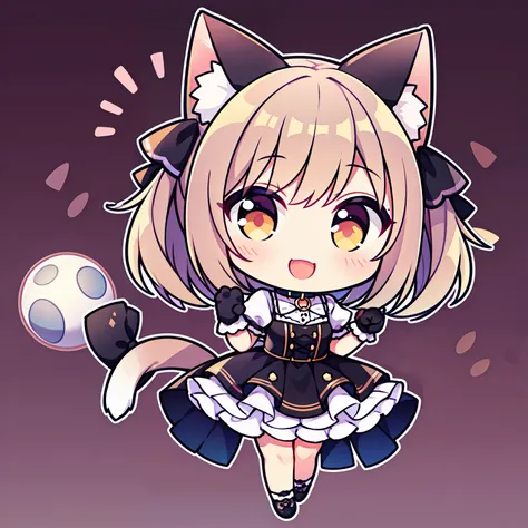 Girl, endearing smile, cat ears, tail, Medium Hair, white short-sleeved shirt with collar, Black Dress, Designer Cat Paw Gloves, patent leather ball shoes, chibi