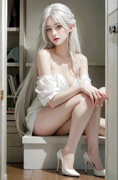 photorealistic, high resolution, 1women, solo,  ,high heels,look at viewer, (detailed face), white hair, long hair,detail hair, medium breasts, beautiful goddess, slutty, white detail short strapless,perfect figure,in closet.