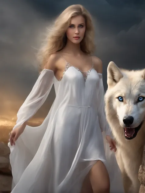 (tmasterpiece), (topquality), (more detailed), (8K), (电影灯光), (sharp-focus), (Precise Anatomy), (photo realism:1.5), (Fantasy art), Beautiful woman and white wolf, handsome girl, raised by a white wolf, next to the wolf, The wolf approaches the viewer with ...