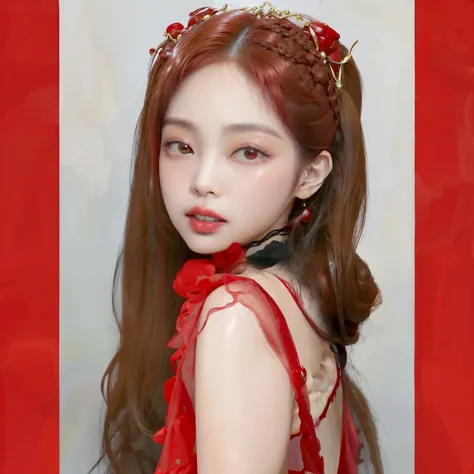 Imagen arafed de una mujer con un vestido rojo y un lazo., maquillaje popular de Corea del Sur, maquillaje coreano popular, ulzzang, lazo rojo en el cabello, pale red, light-labios rojos, small and thick labios rojos, faint labios rojos, labios rojostick o...