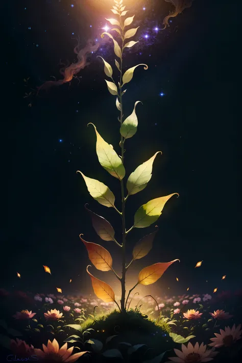 Mysterious magic plant,glittering with strange light on the emerald leaves,flowers blooming in colorful hues,vines dancing in the night sky,stars adding a mysterious atmosphere,oil painting-like picture quality,ultra high resolution