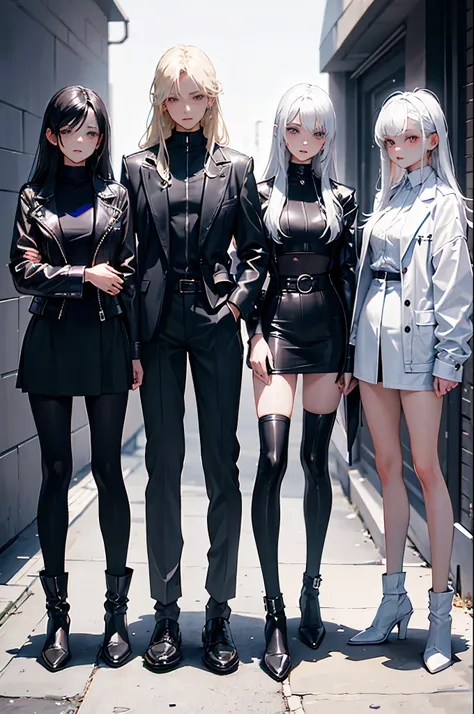 Three girls，A girl with long black hair and gray eyes in a suit，A platinum haired leather jacket，A long blonde hair