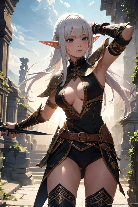 young teen girl, ancient elf warrior, long pointy ears, dark skin, white hair, short pointy haircut, ancient elf armor and accesories, wielding a sword, highly detailed, vibrant appearance, creative behavior, extremly detailed, imaginative, sensual, sponta...