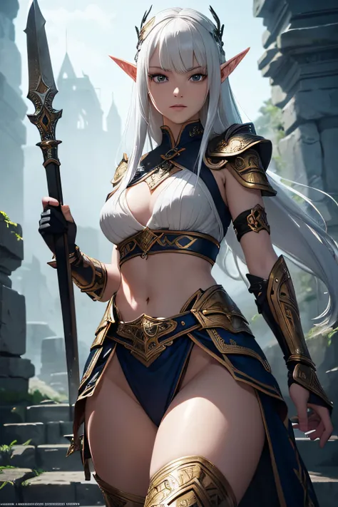 young teen girl, ancient elf warrior, long pointy ears, dark skin, white hair, short pointy haircut, ancient elf armor and accesories, wielding a sword, highly detailed, vibrant appearance, creative behavior, extremly detailed, imaginative, sensual, sponta...