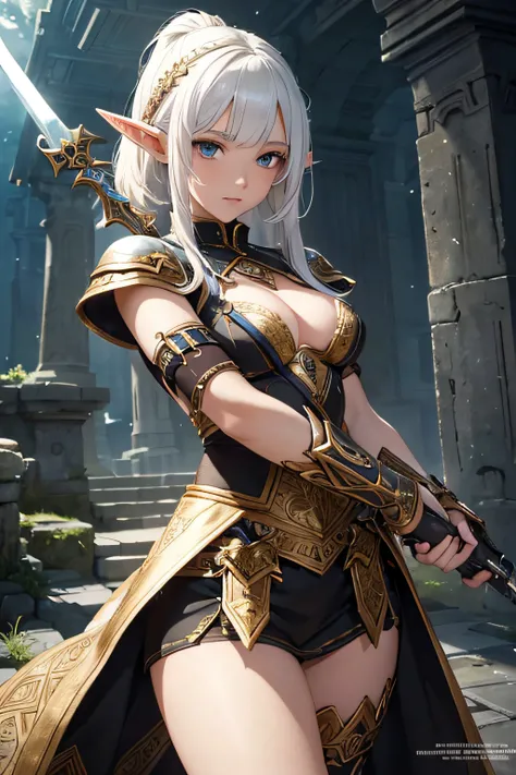 young teen girl, ancient elf warrior, long pointy ears, dark skin, white hair, short pointy haircut, ancient elf armor and accesories, wielding a sword, highly detailed, vibrant appearance, creative behavior, extremly detailed, imaginative, sensual, sponta...