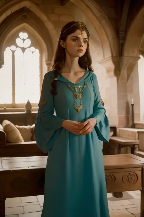 1136, Earlcastle, England. otherworldly scene in a luxurious medieval castle, ((((16-year-old)) Alexandra Daddario)), prisoner, scared ((terrified)), ((((tunic gown from the 12th century)))), ((Hairstyle of the 12th century)), ((Wes Anderson cinematic styl...