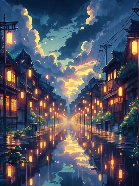 Draw an anime aerial scene of a lonely empty village road with ancient street lights covered with money plants, rainy, reflection, windy, dark evening, vibrant cloudy sky, beautiful color palette, vibrant saturated colors, masterpiece, detailed, neat, no h...