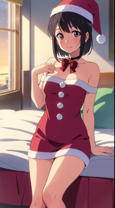 shinkai makoto, kimi no na wa., 1girl, bangs, black hair, blush, bright eyes, brown eyes, looking at the viewer, red bow, red headband, red ribbon, short hair, medium breasts, solo, indoors, sunset, evening, shiny skin, smile, happy, beautiful, perfect han...